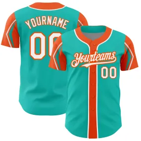 Custom Aqua White-Orange 3 Colors Arm Shapes Authentic Baseball Jersey