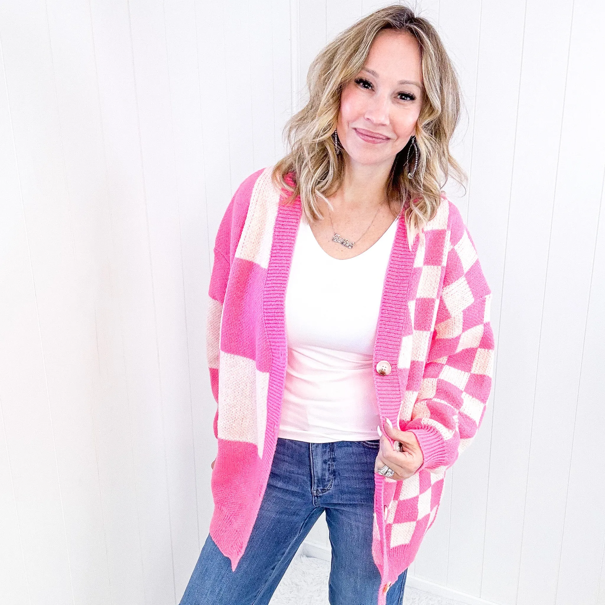 Don't Stop Me Now Oversized Pink Checkered Cardigan