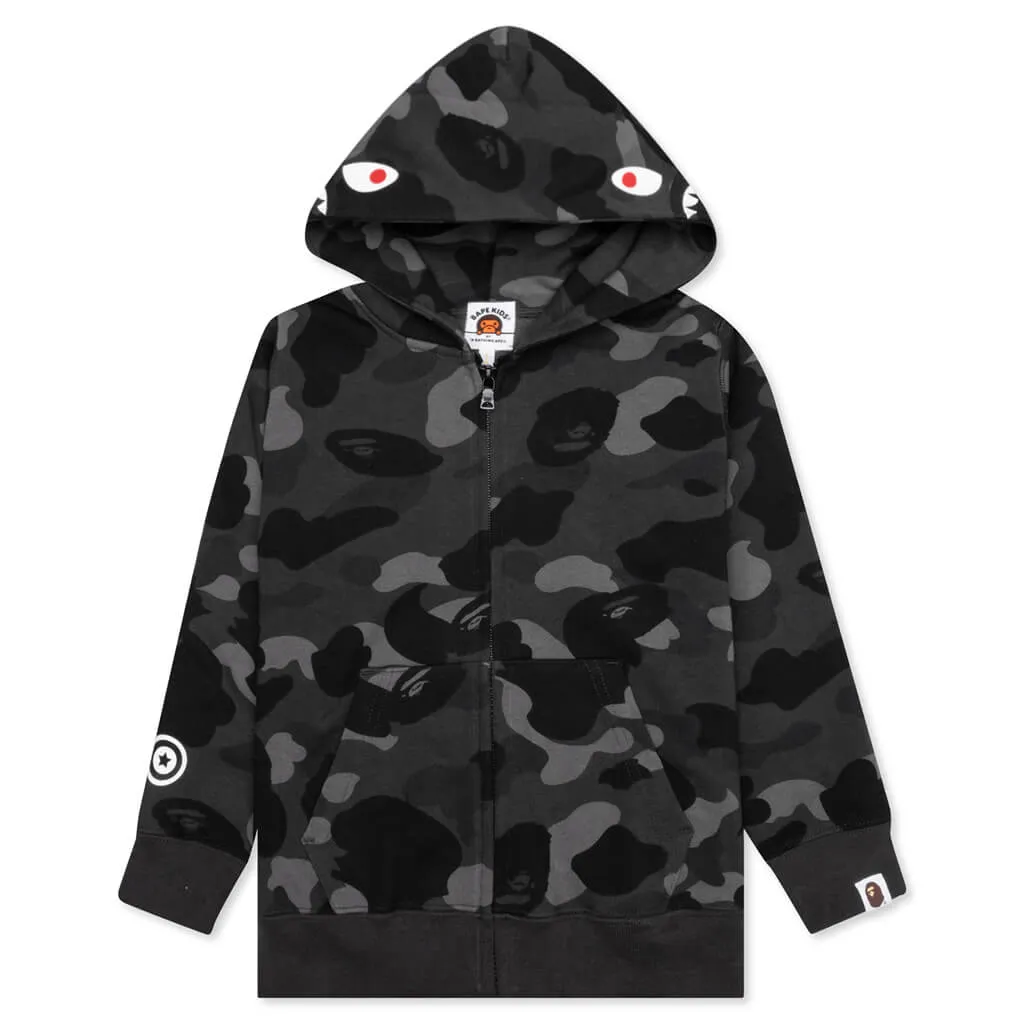 Kids Color Camo Shark Zip Hoodie - Black