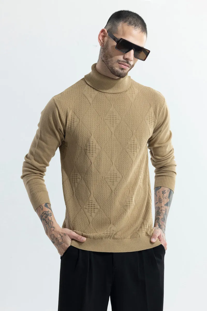 Rhomboid Beige Turtle Neck Sweater