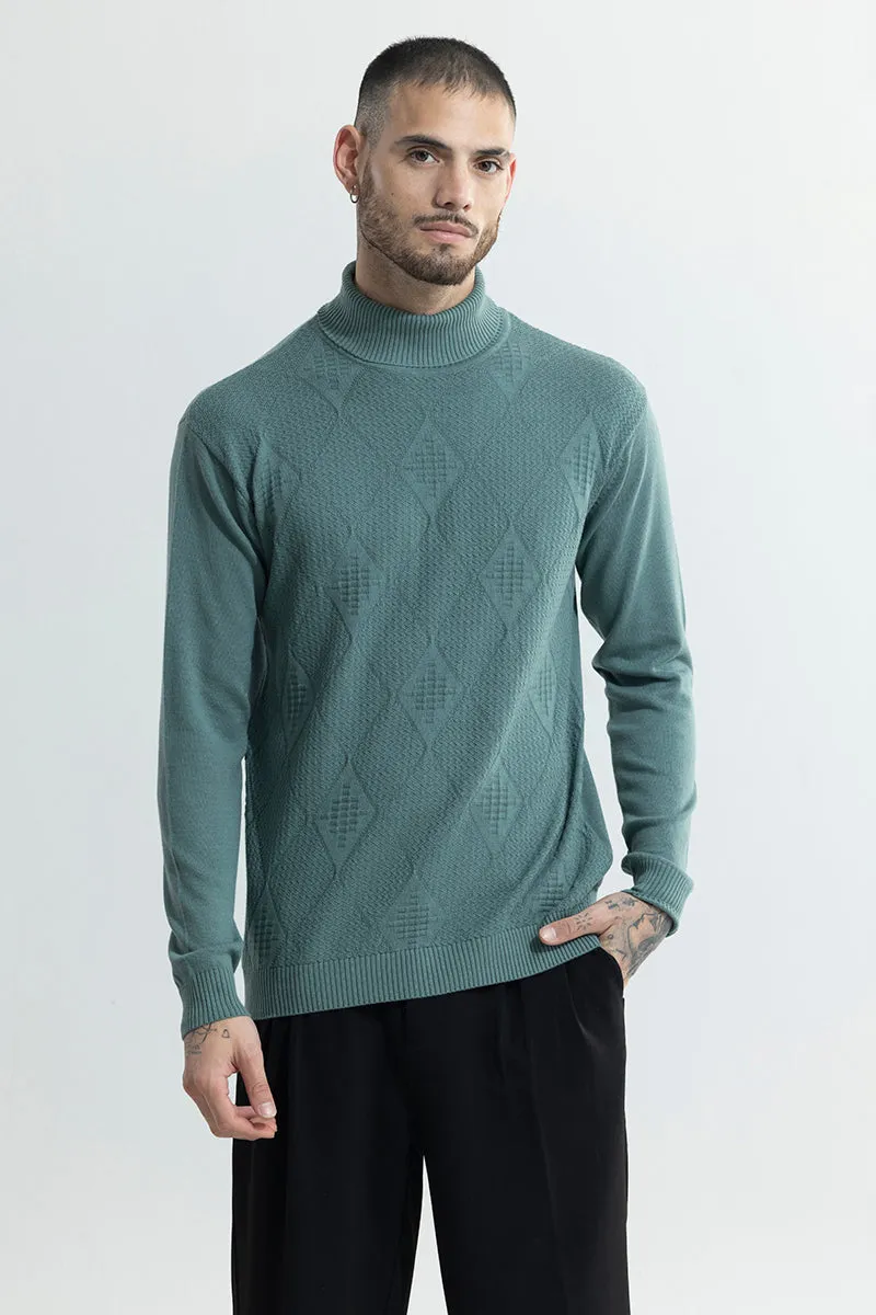 Rhomboid Teal Green Turtle Neck Sweater