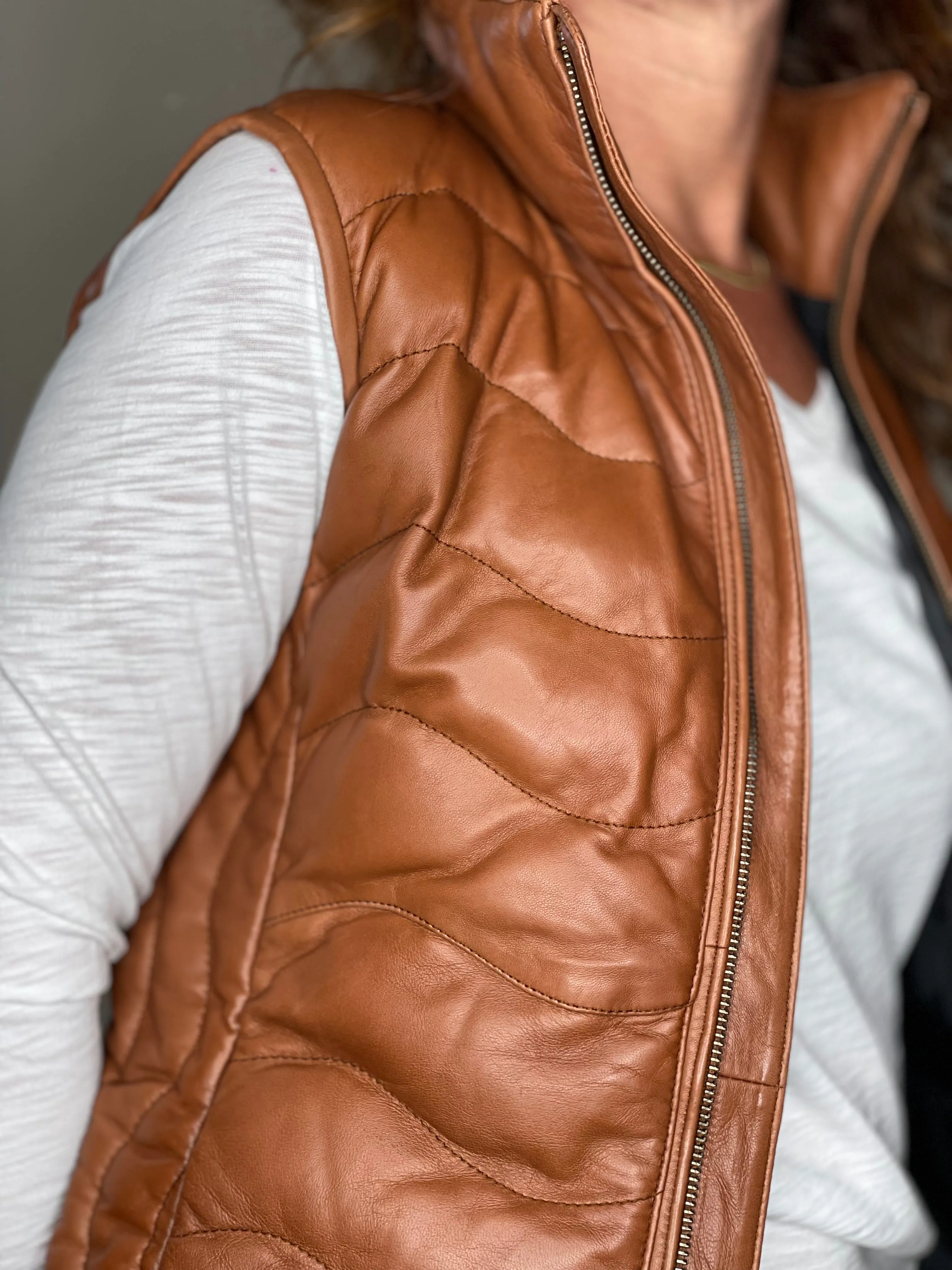 Scully Leather Puffer Vest in Cognac