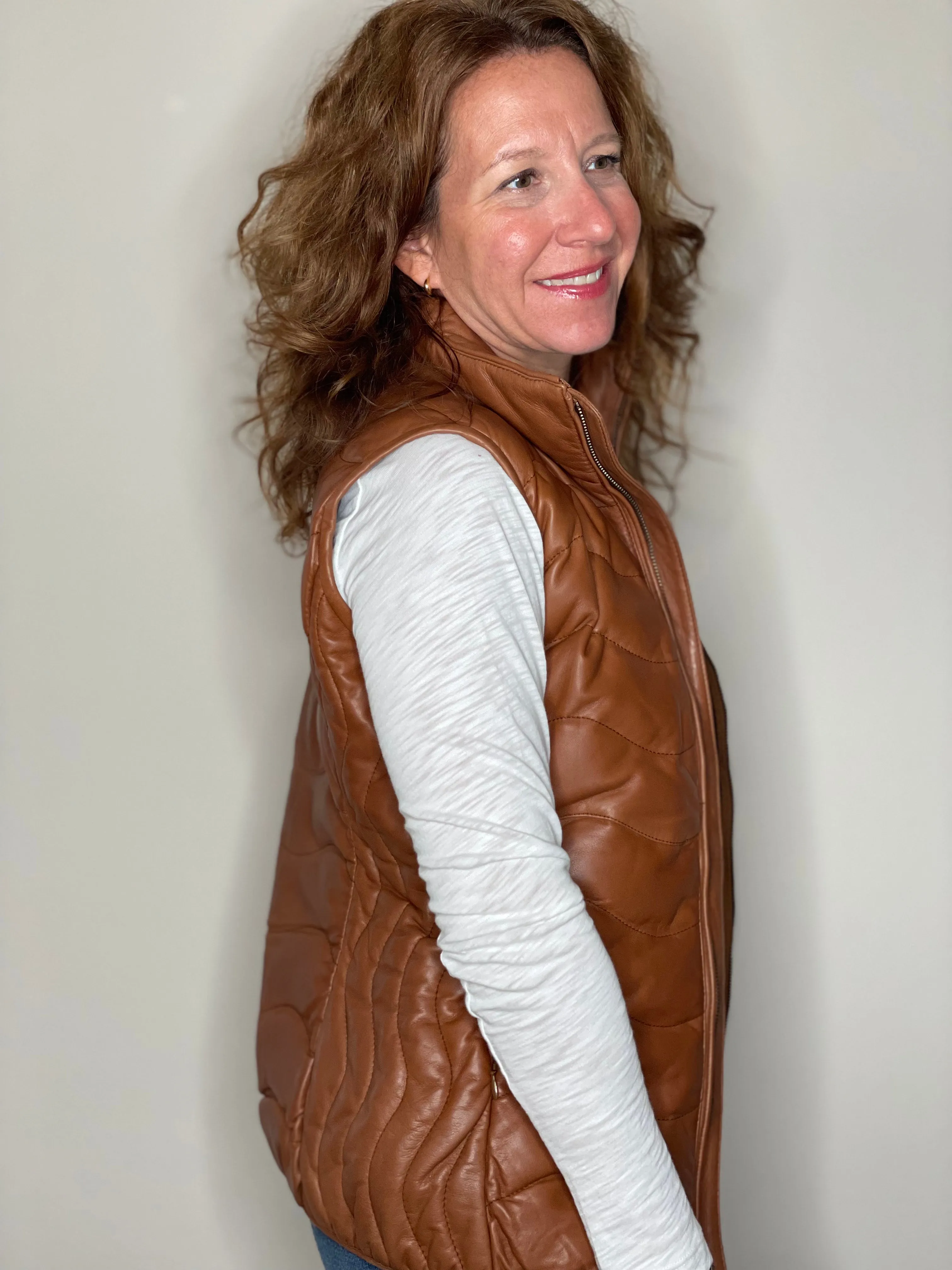 Scully Leather Puffer Vest in Cognac